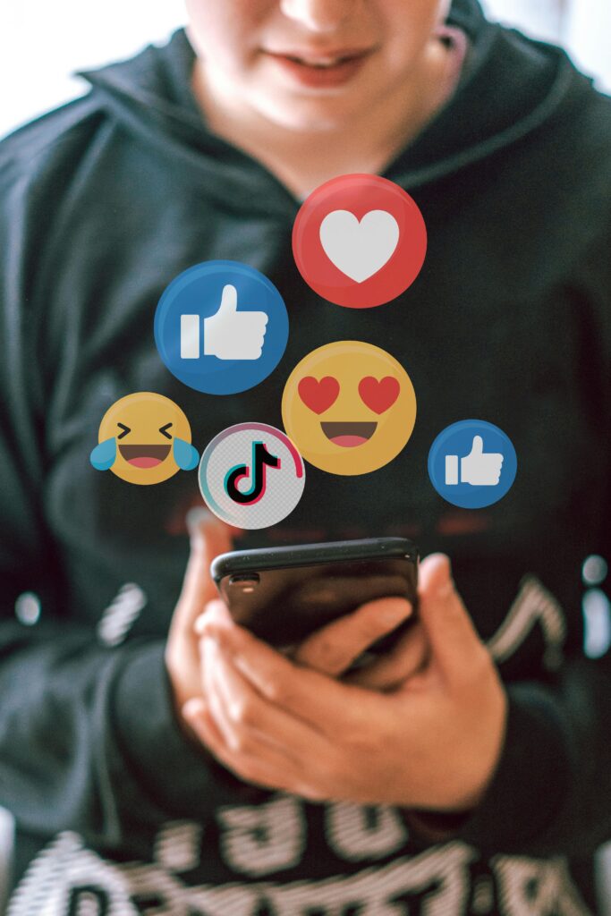 A customer interacts with social media